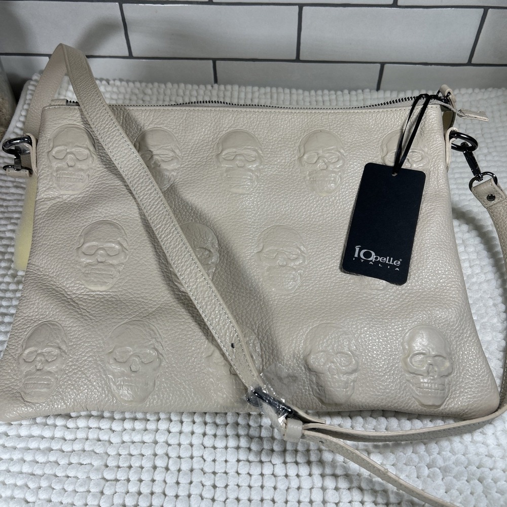 IO Pelle Italia Beige Leather Embossed Skull Crossbody Bag Mousse Latte